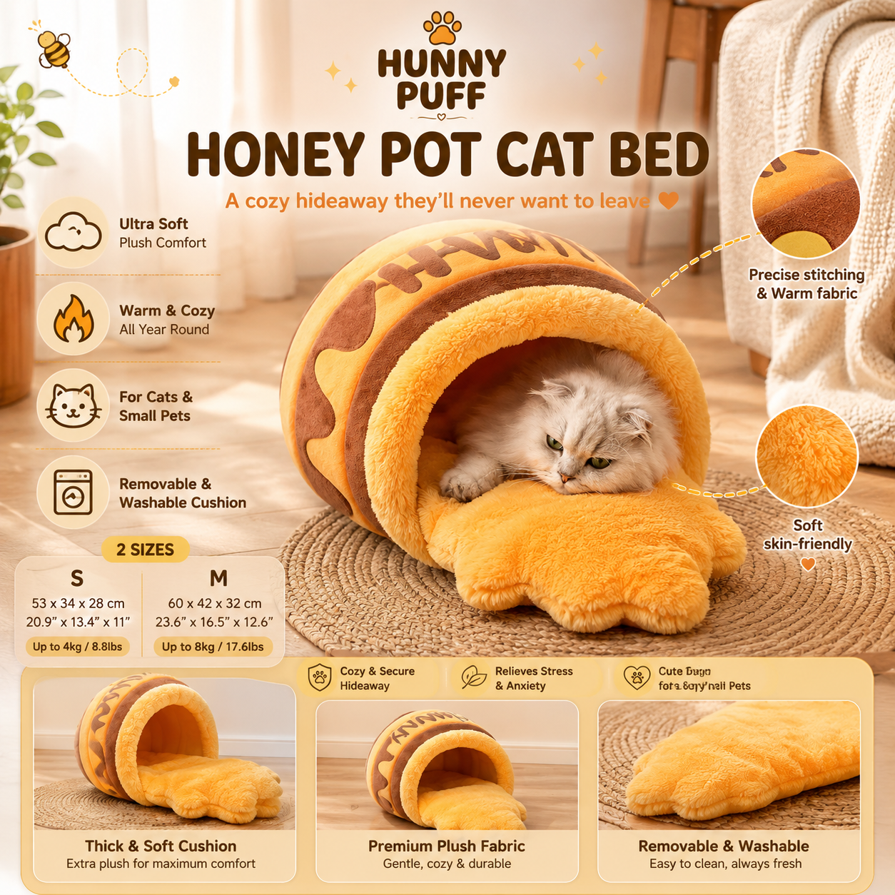 Hunny Puff™ Cozy Cat Cave Bed